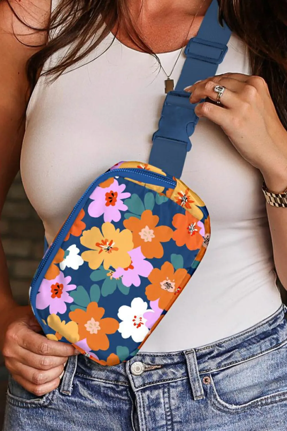 New Dear-Lover Flower Print Zipper Buckle Wide Strap Sling Bag Sail Blue
