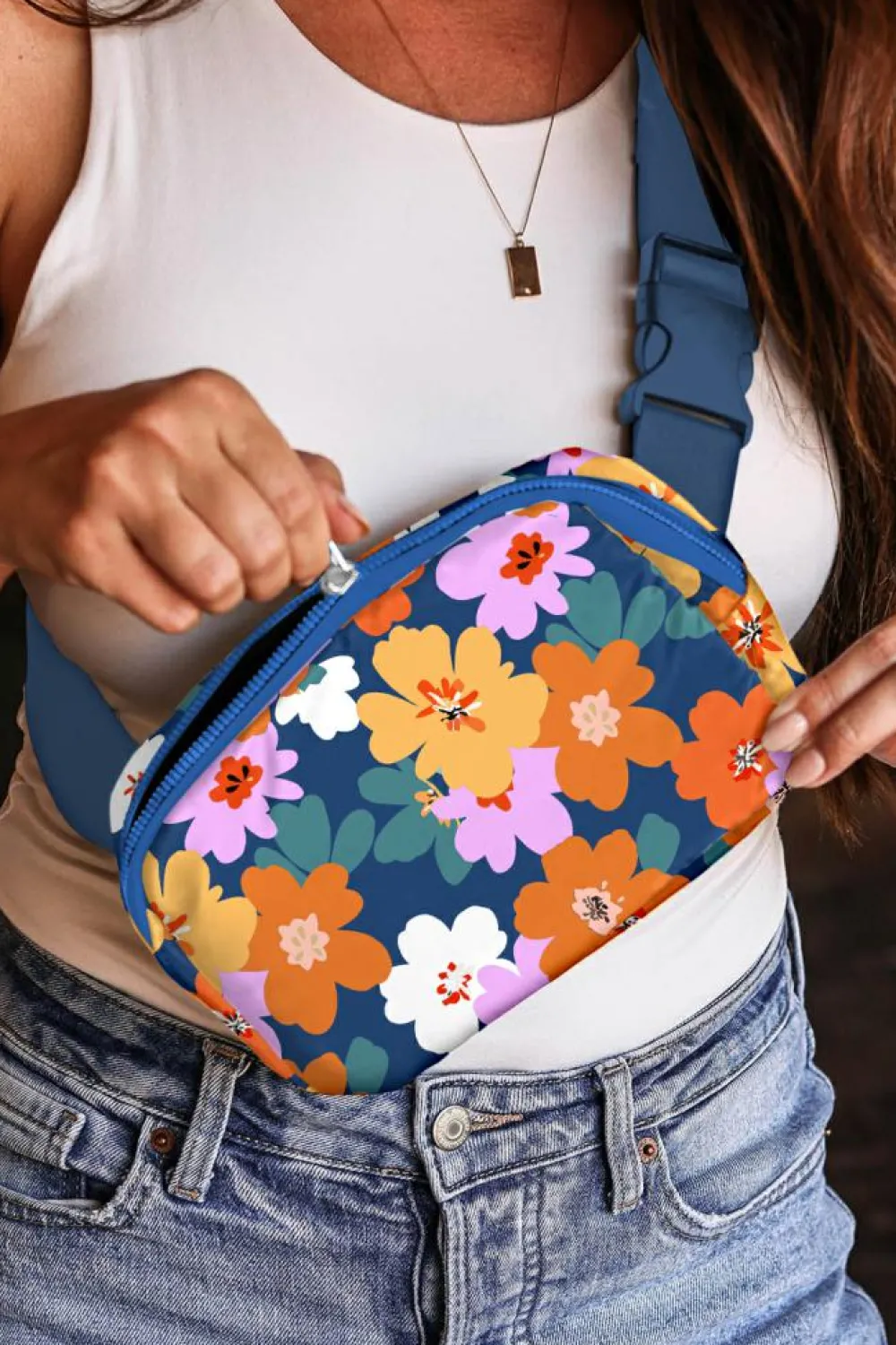 New Dear-Lover Flower Print Zipper Buckle Wide Strap Sling Bag Sail Blue