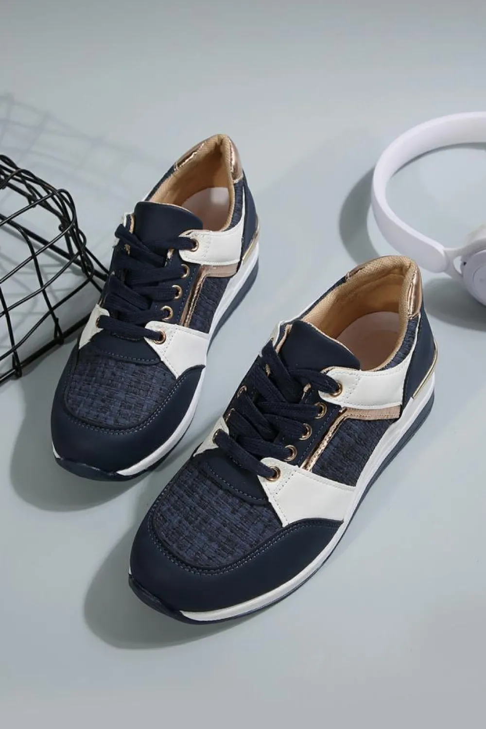 Fashion Dear-Lover Glitter Patched Lace-up Wedge Sneakers Sail Blue