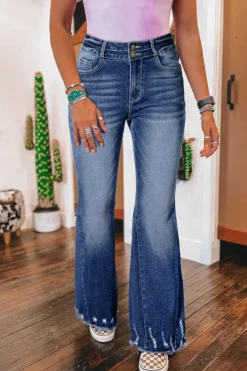 Clearance Dear-Lover High Rise Dual Button Distressed Raw Hem Flared Jeans Sail Blue