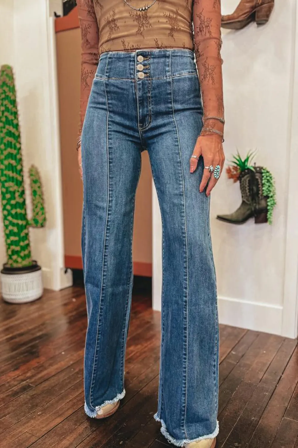 Sale Dear-Lover High Waist Button Fly Seamed Raw Hem Flare Jeans Sail Blue