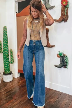 Sale Dear-Lover High Waist Button Fly Seamed Raw Hem Flare Jeans Sail Blue