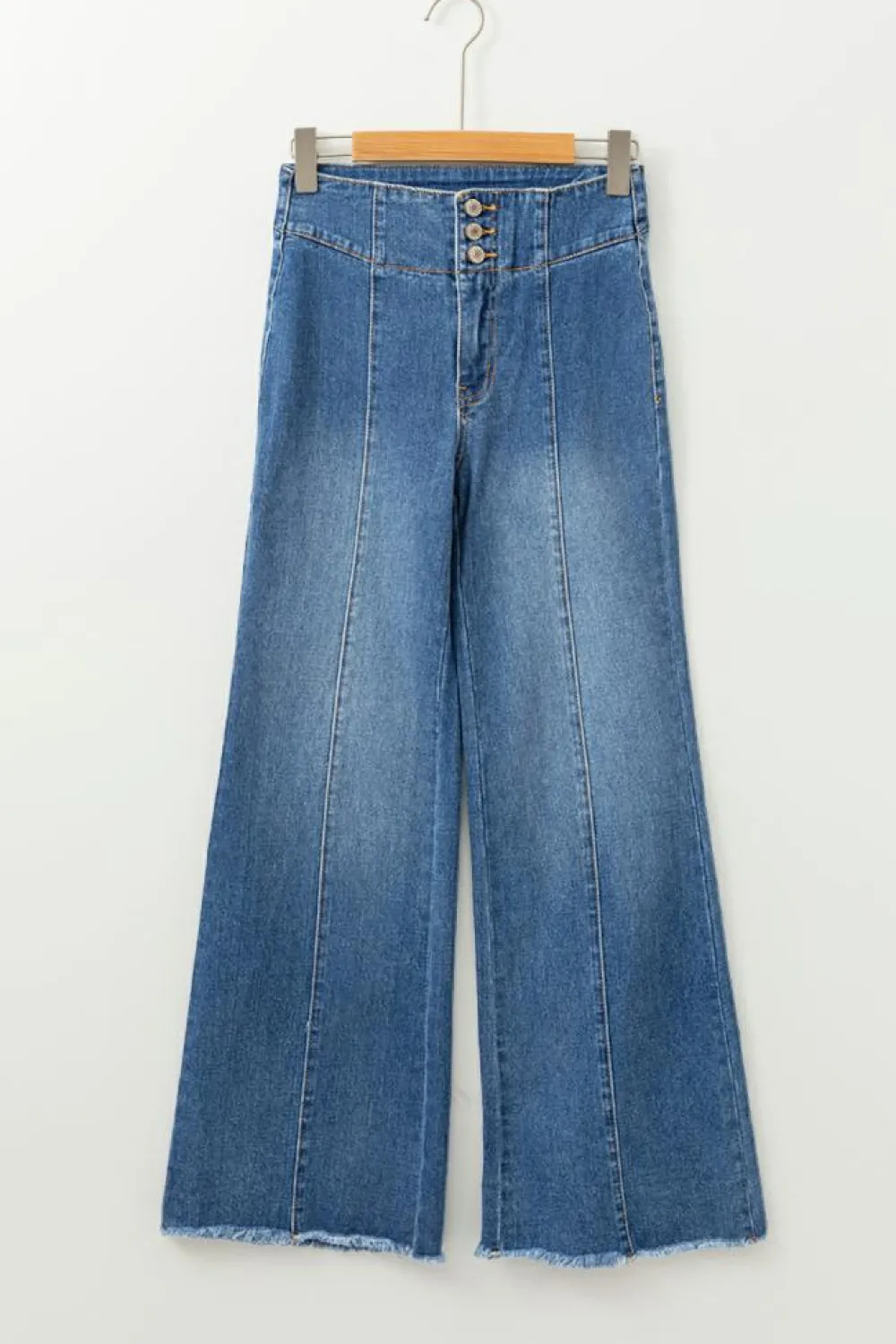 Sale Dear-Lover High Waist Button Fly Seamed Raw Hem Flare Jeans Sail Blue