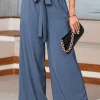 Outlet Dear-Lover High Waisted Tie Front Side Pocket Wide Leg Flowy Casual Pants Sail Blue