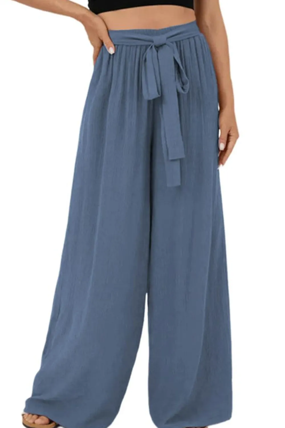 Outlet Dear-Lover High Waisted Tie Front Side Pocket Wide Leg Flowy Casual Pants Sail Blue