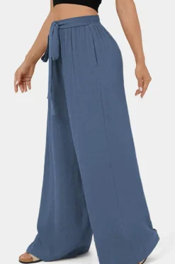 Outlet Dear-Lover High Waisted Tie Front Side Pocket Wide Leg Flowy Casual Pants Sail Blue