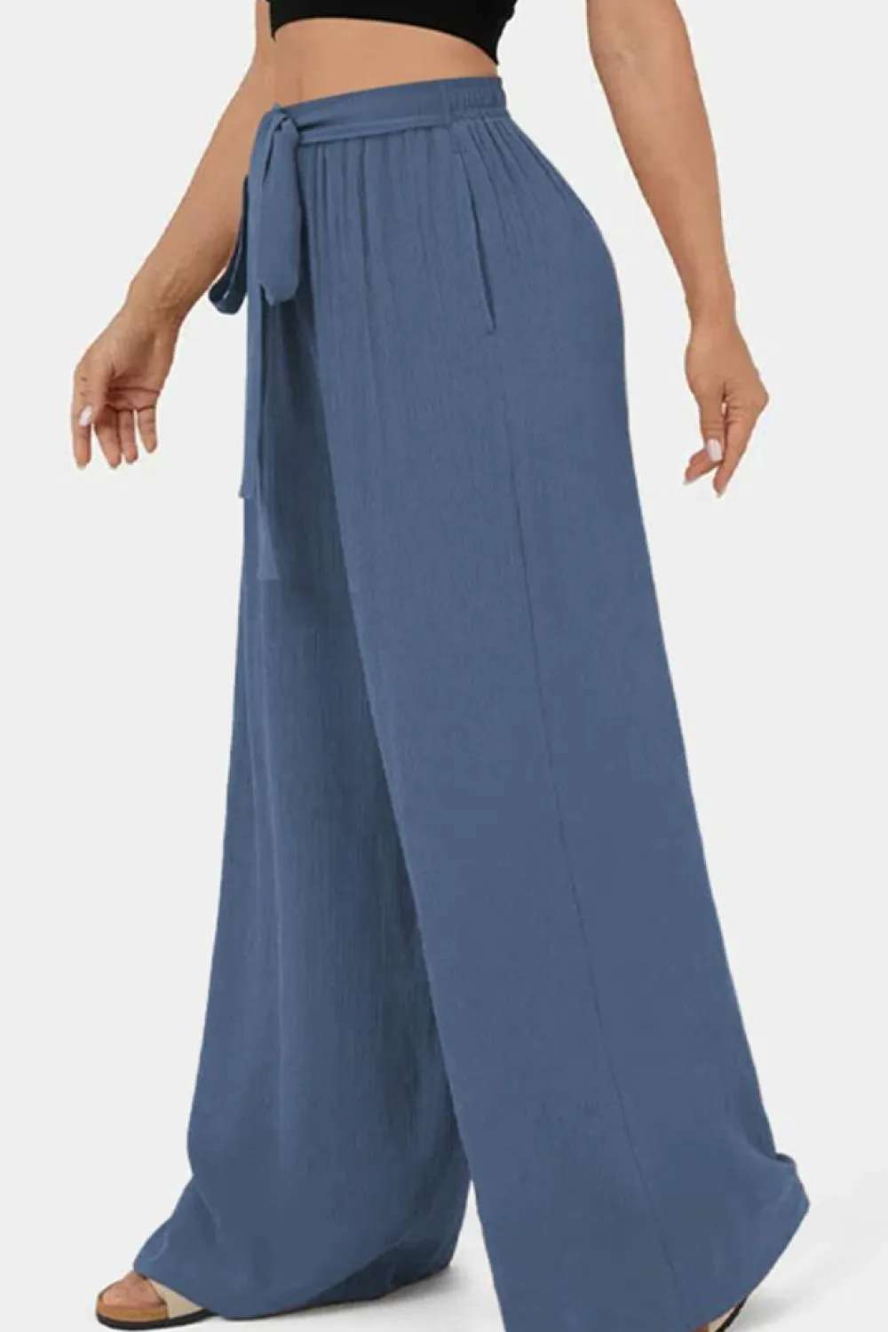 Outlet Dear-Lover High Waisted Tie Front Side Pocket Wide Leg Flowy Casual Pants Sail Blue