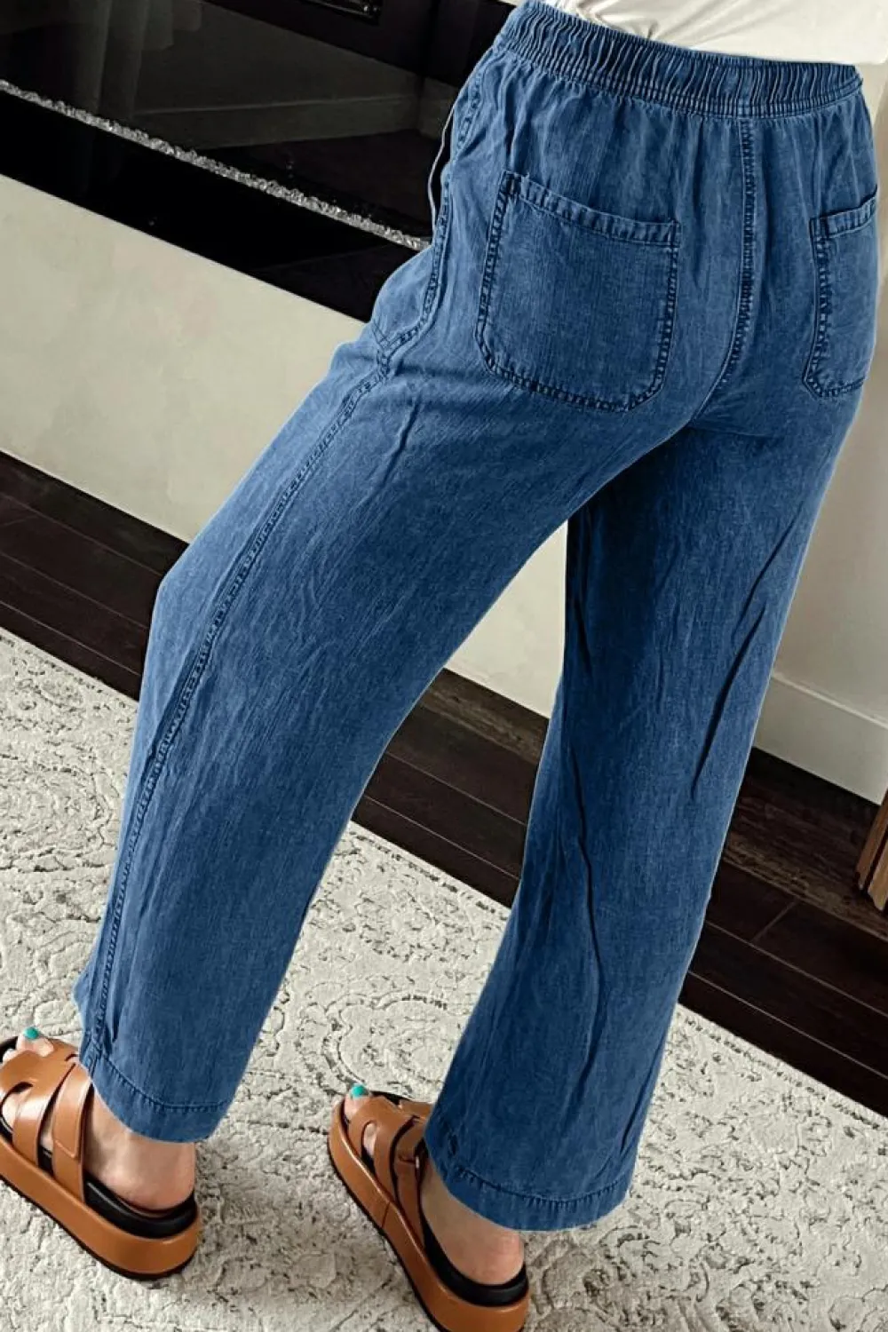 Fashion Dear-Lover Mineral Wash Drawstring Waist Loose Straight Denim Pants Sail Blue