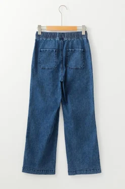 Fashion Dear-Lover Mineral Wash Drawstring Waist Loose Straight Denim Pants Sail Blue