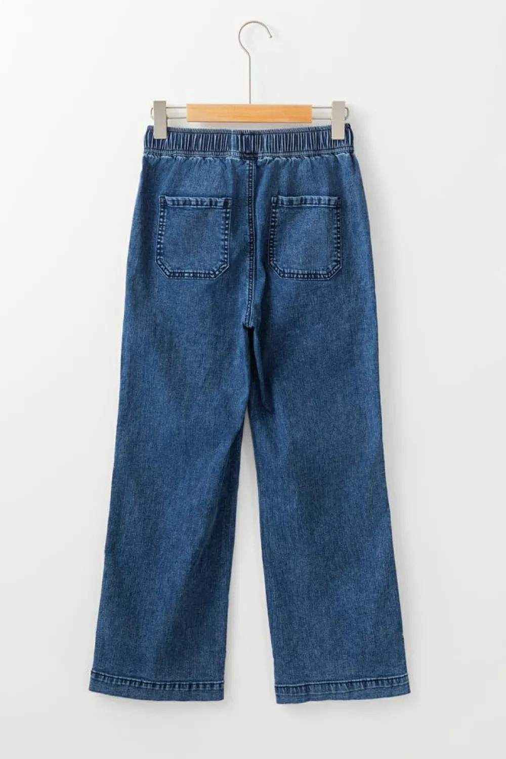 Fashion Dear-Lover Mineral Wash Drawstring Waist Loose Straight Denim Pants Sail Blue