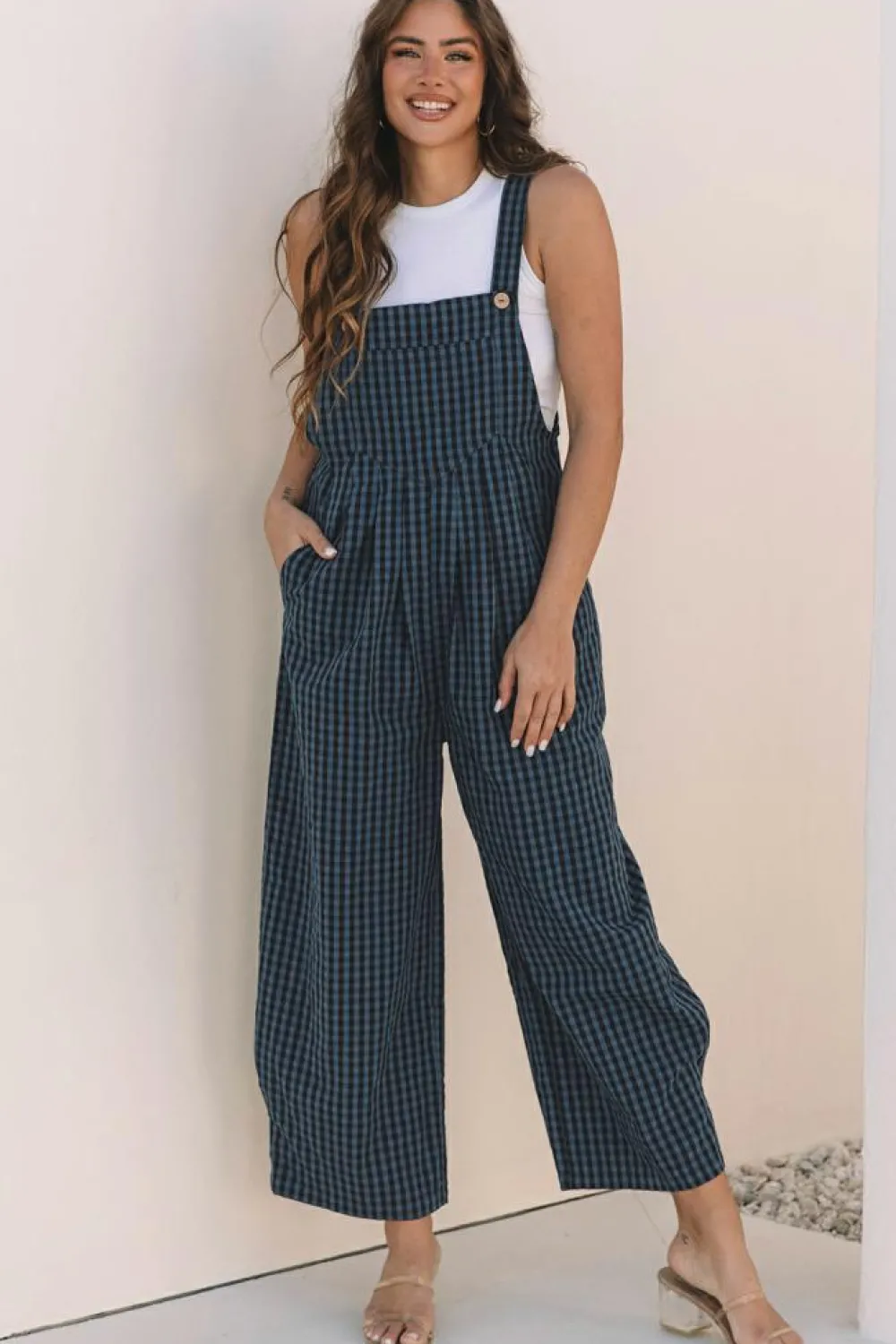 Outlet Dear-Lover Plaid Print Buttoned Pocketed High Waist Overall Sail Blue