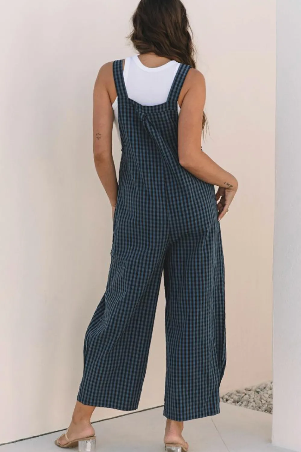 Outlet Dear-Lover Plaid Print Buttoned Pocketed High Waist Overall Sail Blue