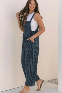 Outlet Dear-Lover Plaid Print Buttoned Pocketed High Waist Overall Sail Blue