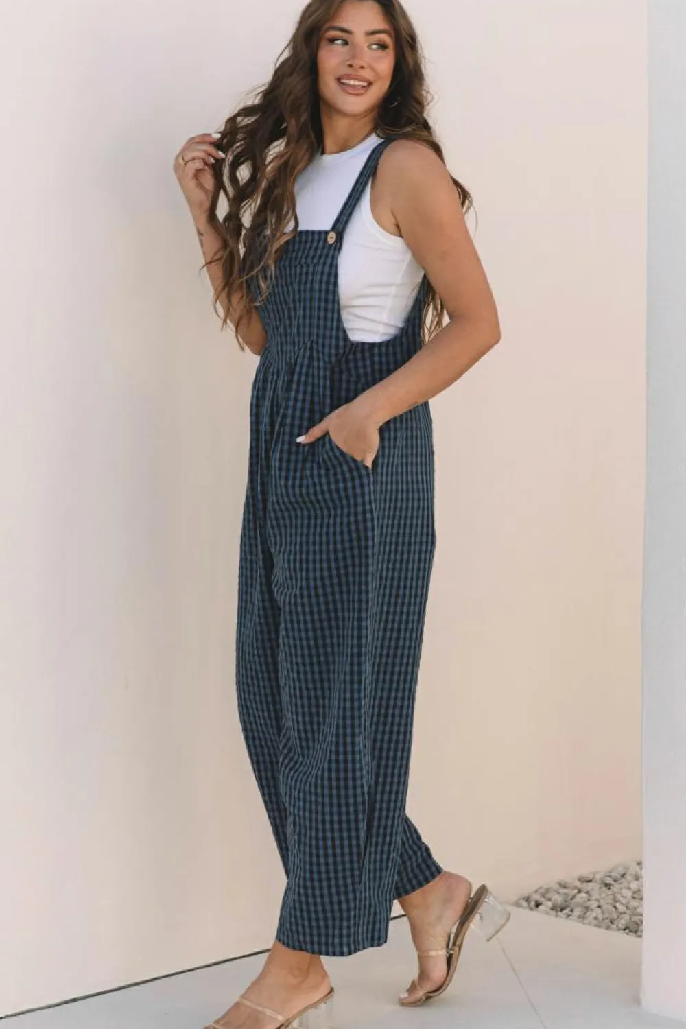 Outlet Dear-Lover Plaid Print Buttoned Pocketed High Waist Overall Sail Blue