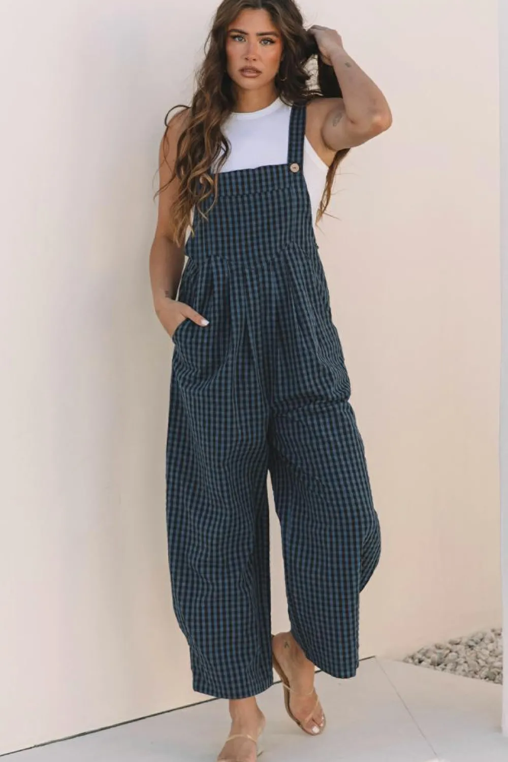 Outlet Dear-Lover Plaid Print Buttoned Pocketed High Waist Overall Sail Blue