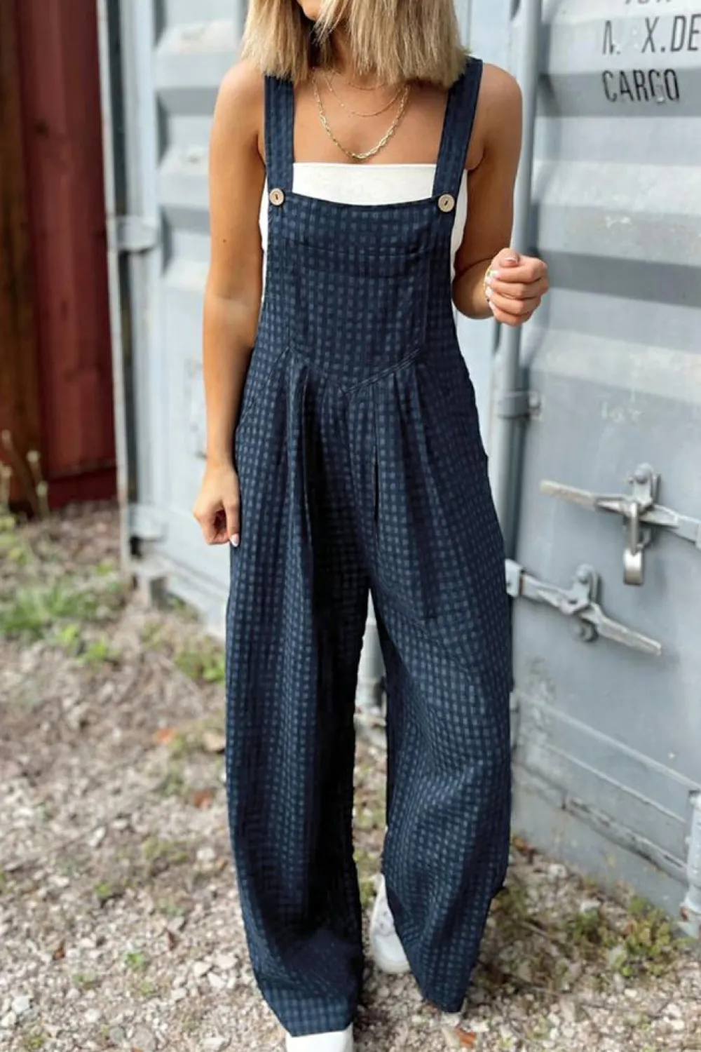 Outlet Dear-Lover Plaid Print Buttoned Pocketed High Waist Overall Sail Blue