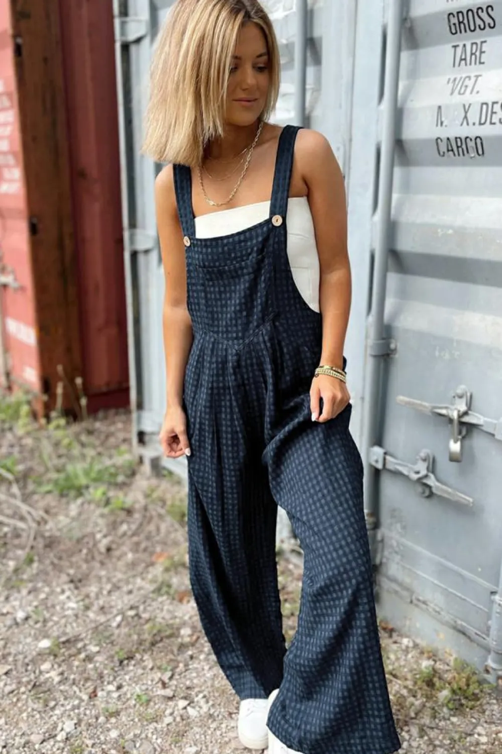 Outlet Dear-Lover Plaid Print Buttoned Pocketed High Waist Overall Sail Blue