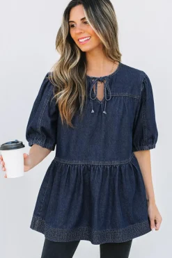 Fashion Dear-Lover Puff Sleeve Lace-up Neckline Splicing Denim Blouse Sail Blue