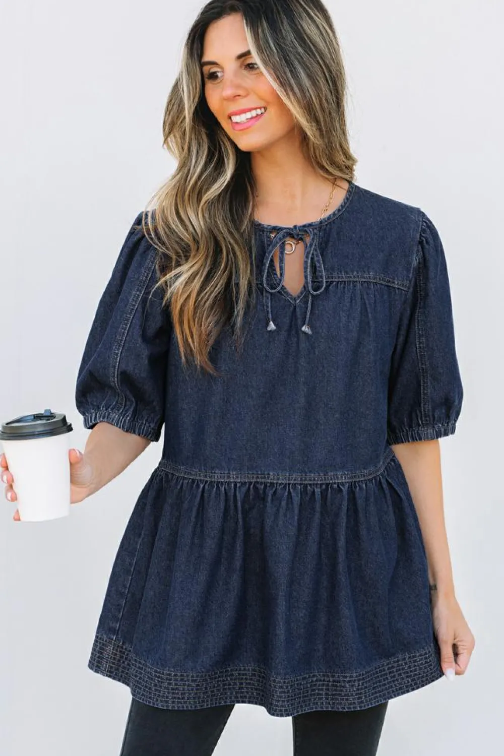 Fashion Dear-Lover Puff Sleeve Lace-up Neckline Splicing Denim Blouse Sail Blue