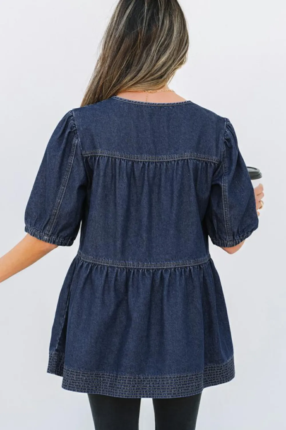Fashion Dear-Lover Puff Sleeve Lace-up Neckline Splicing Denim Blouse Sail Blue