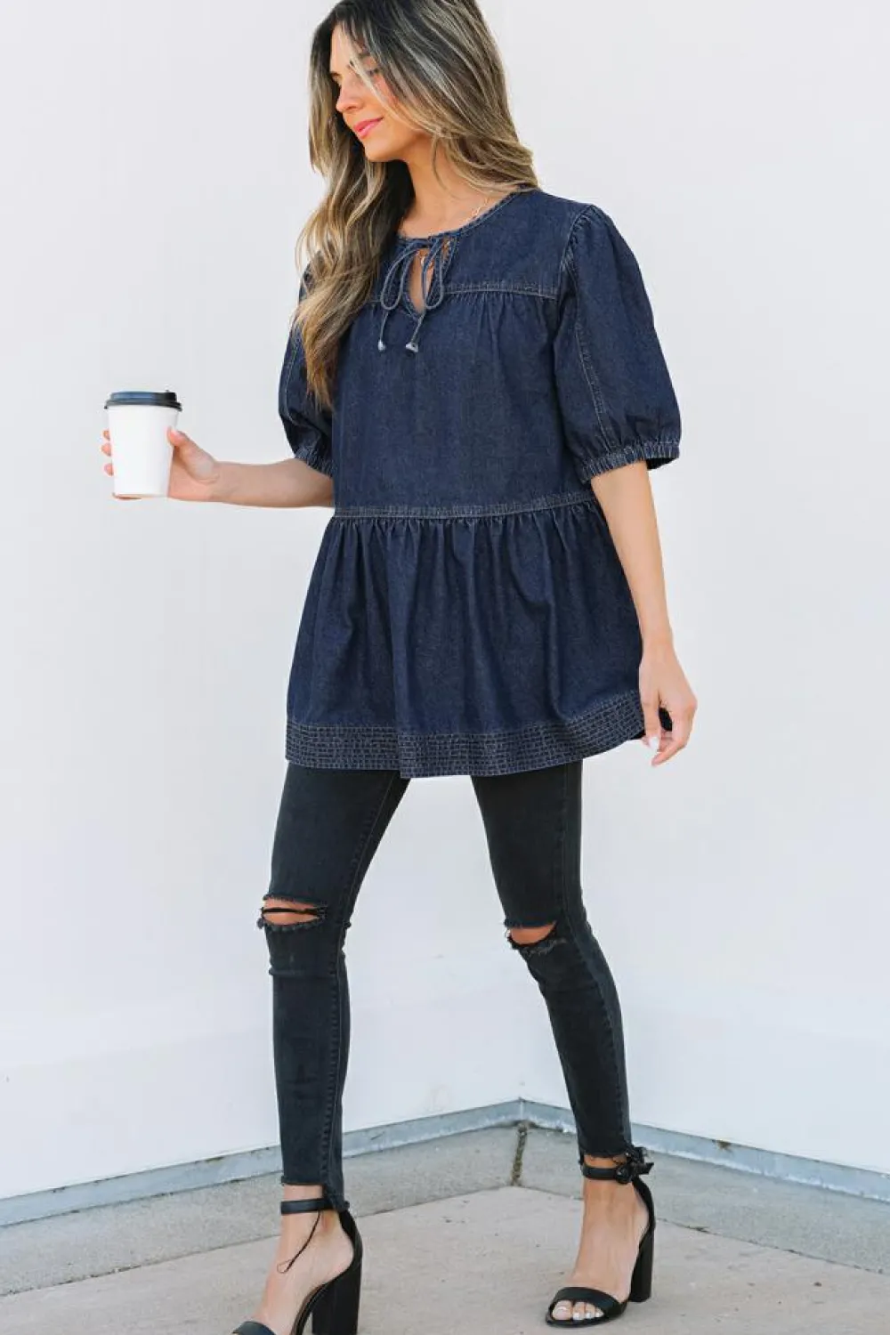 Fashion Dear-Lover Puff Sleeve Lace-up Neckline Splicing Denim Blouse Sail Blue
