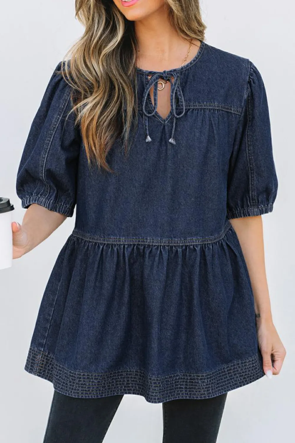 Fashion Dear-Lover Puff Sleeve Lace-up Neckline Splicing Denim Blouse Sail Blue