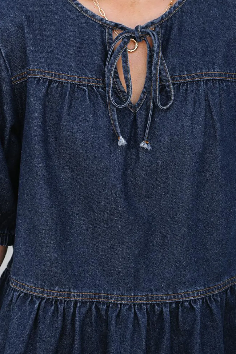 Fashion Dear-Lover Puff Sleeve Lace-up Neckline Splicing Denim Blouse Sail Blue