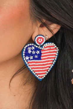 Hot Dear-Lover Rhinestone Beaded American Flag Heart Earrings Sail Blue