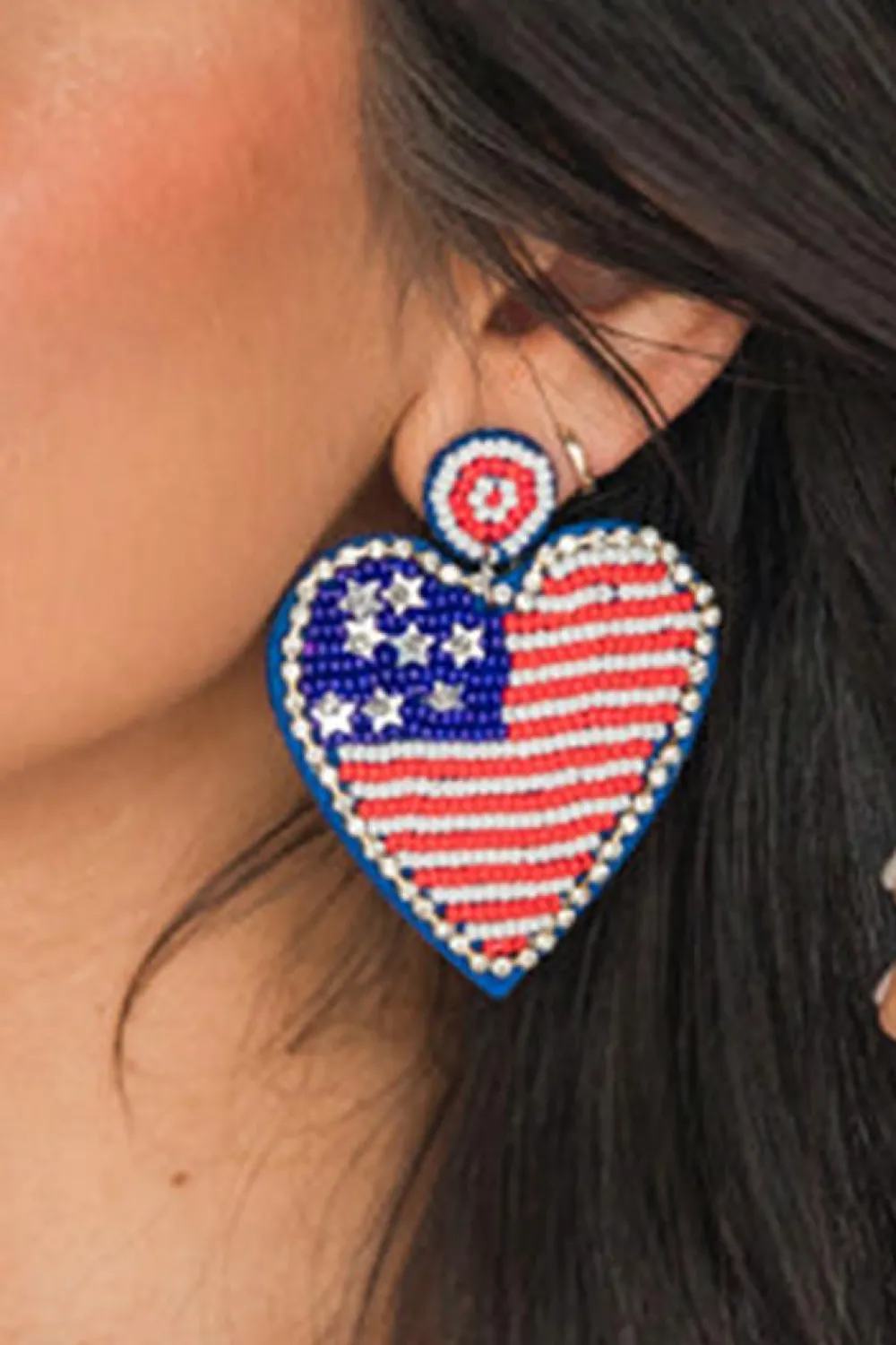 Hot Dear-Lover Rhinestone Beaded American Flag Heart Earrings Sail Blue