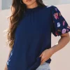Online Dear-Lover Shellfish Coral Embroidery Puff Sleeve Frilled Neck Blouse Sail Blue