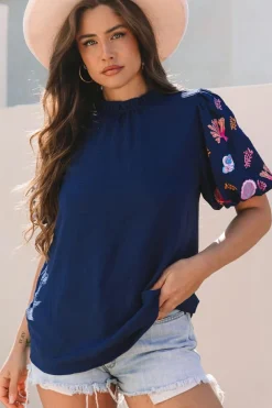 Online Dear-Lover Shellfish Coral Embroidery Puff Sleeve Frilled Neck Blouse Sail Blue