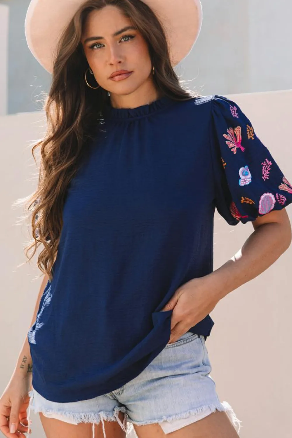Online Dear-Lover Shellfish Coral Embroidery Puff Sleeve Frilled Neck Blouse Sail Blue