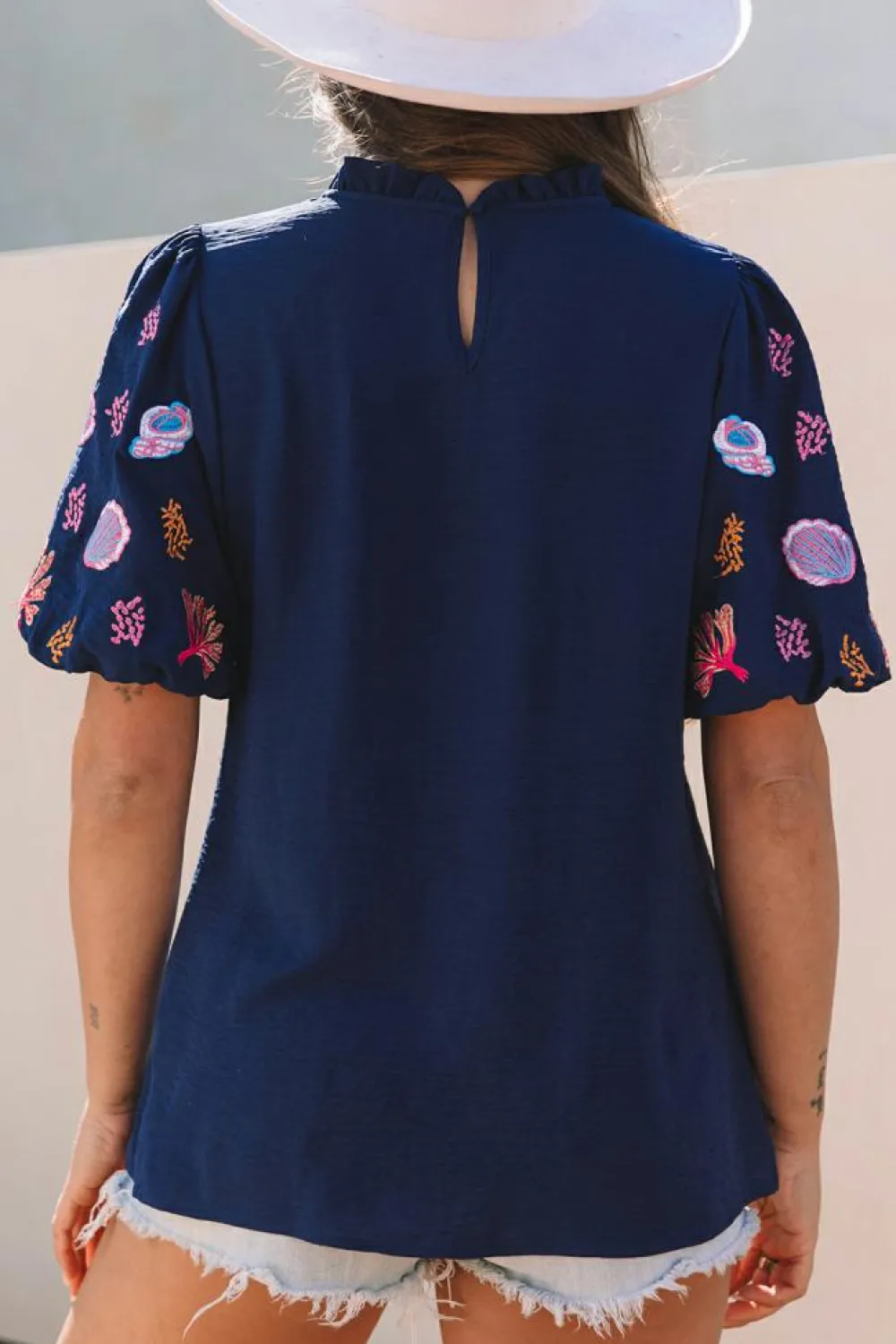 Online Dear-Lover Shellfish Coral Embroidery Puff Sleeve Frilled Neck Blouse Sail Blue