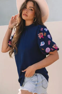 Online Dear-Lover Shellfish Coral Embroidery Puff Sleeve Frilled Neck Blouse Sail Blue