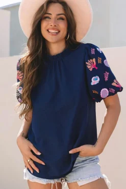 Online Dear-Lover Shellfish Coral Embroidery Puff Sleeve Frilled Neck Blouse Sail Blue