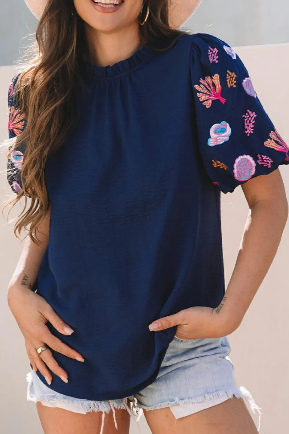 Online Dear-Lover Shellfish Coral Embroidery Puff Sleeve Frilled Neck Blouse Sail Blue