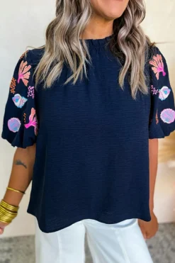 Online Dear-Lover Shellfish Coral Embroidery Puff Sleeve Frilled Neck Blouse Sail Blue