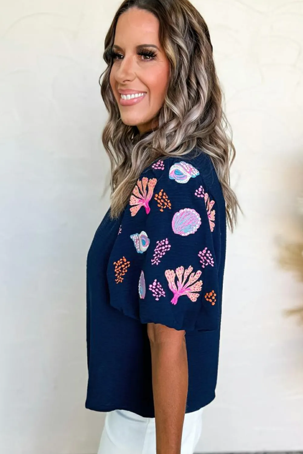 Online Dear-Lover Shellfish Coral Embroidery Puff Sleeve Frilled Neck Blouse Sail Blue