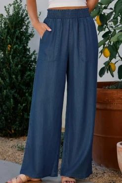 Sale Dear-Lover Side Pockets Frilled Smocked High Waist Wide Leg Jeans Sail Blue
