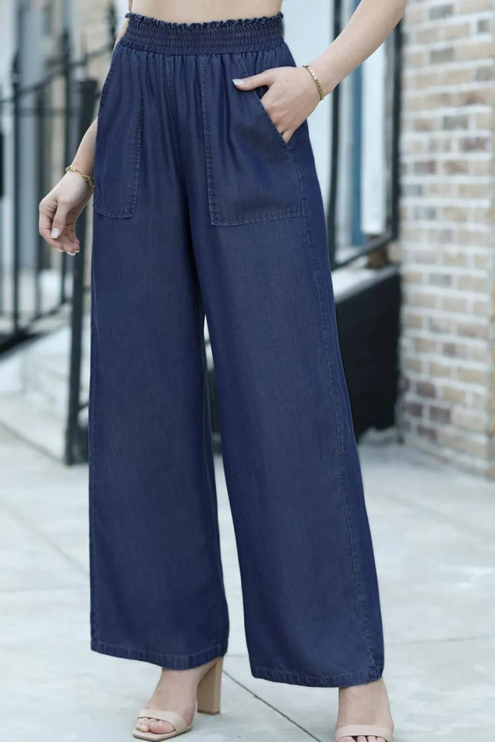 Sale Dear-Lover Side Pockets Frilled Smocked High Waist Wide Leg Jeans Sail Blue