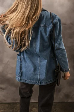 Fashion Dear-Lover Side Pockets Lapel Collar Denim Jacket Sail Blue