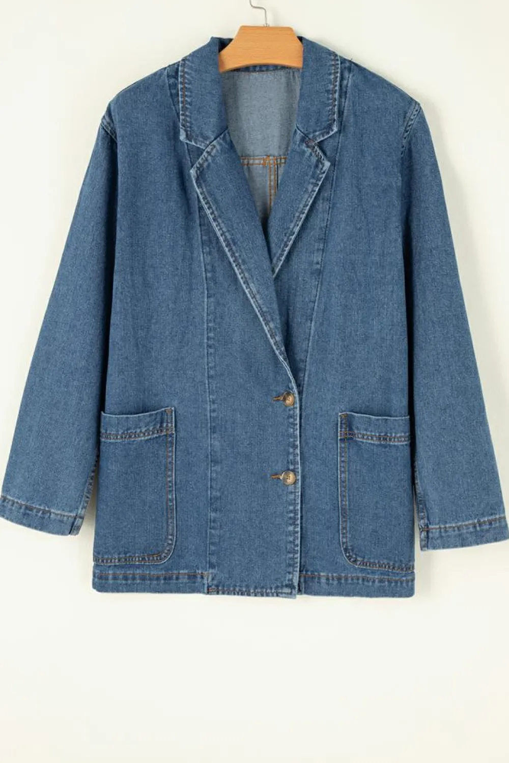 Fashion Dear-Lover Side Pockets Lapel Collar Denim Jacket Sail Blue