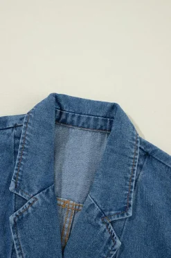 Fashion Dear-Lover Side Pockets Lapel Collar Denim Jacket Sail Blue