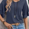 Clearance Dear-Lover Solid Colour V-Neck Double Layer Sleeve Loose T-Shirt Sail Blue