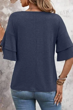 Clearance Dear-Lover Solid Colour V-Neck Double Layer Sleeve Loose T-Shirt Sail Blue