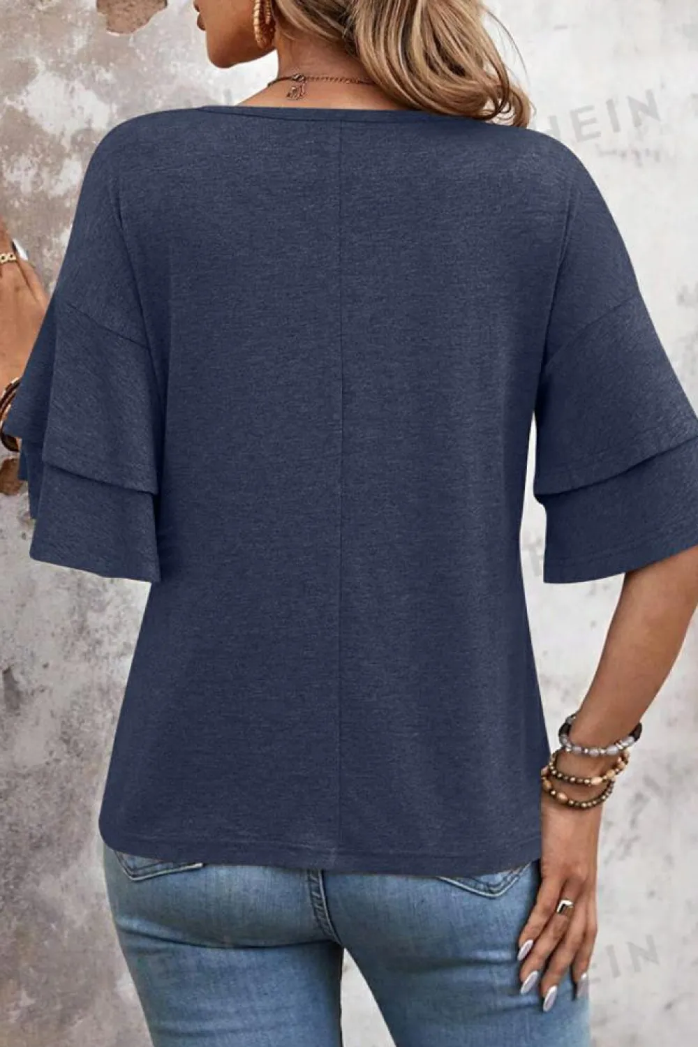 Clearance Dear-Lover Solid Colour V-Neck Double Layer Sleeve Loose T-Shirt Sail Blue
