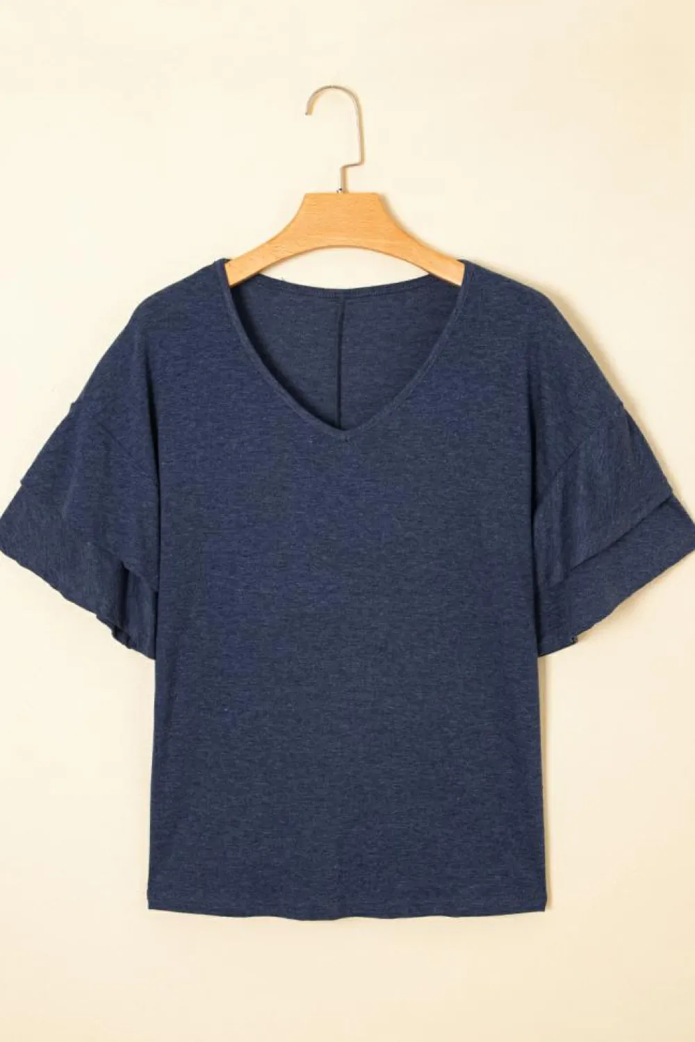 Clearance Dear-Lover Solid Colour V-Neck Double Layer Sleeve Loose T-Shirt Sail Blue