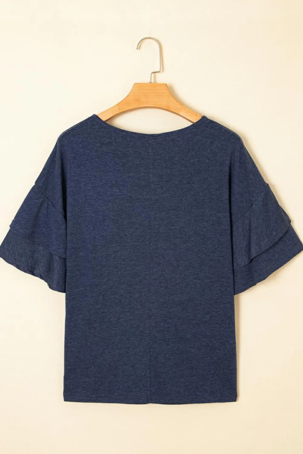 Clearance Dear-Lover Solid Colour V-Neck Double Layer Sleeve Loose T-Shirt Sail Blue