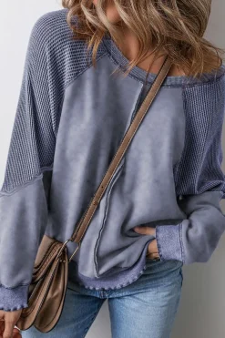 Online Dear-Lover Solid Waffle Knit Patchwork Raglan Sleeve Sweatshirt Sail Blue
