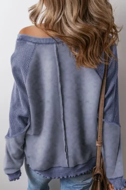 Online Dear-Lover Solid Waffle Knit Patchwork Raglan Sleeve Sweatshirt Sail Blue